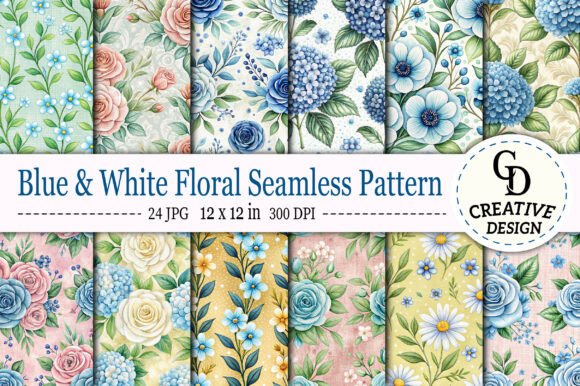 Download Blue &amp; White Floral Seamless Pattern - Blue Collection