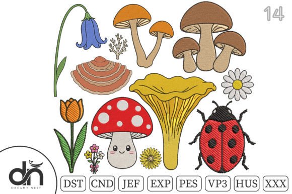 Download 14 Tiny Mushroom Floral Embroidery Set - Flora Collection