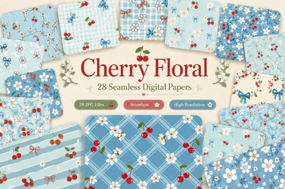 Download Cherry Floral Seamless Pattern Set - Flora Collection