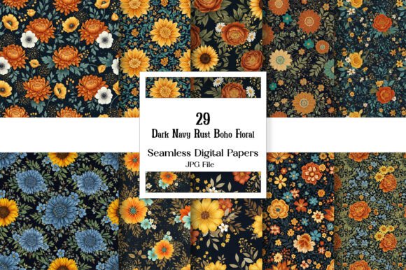 Download Dark Navy Rust Boho Floral Digital Paper - Flora Collection