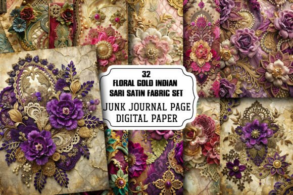 Download Floral Gold Indian Sari Satin Fabric Set - Flora Collection