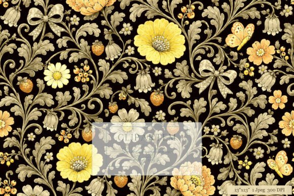 Download Gold Dark Floral Damask Black Pattern - Flora Collection