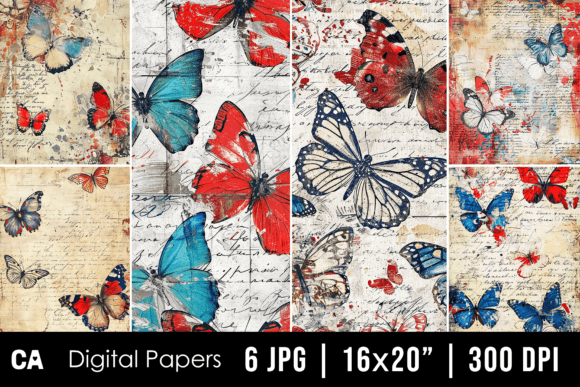 Download Vintage Red Blue Butterfly Journal Pages - Blue Collection
